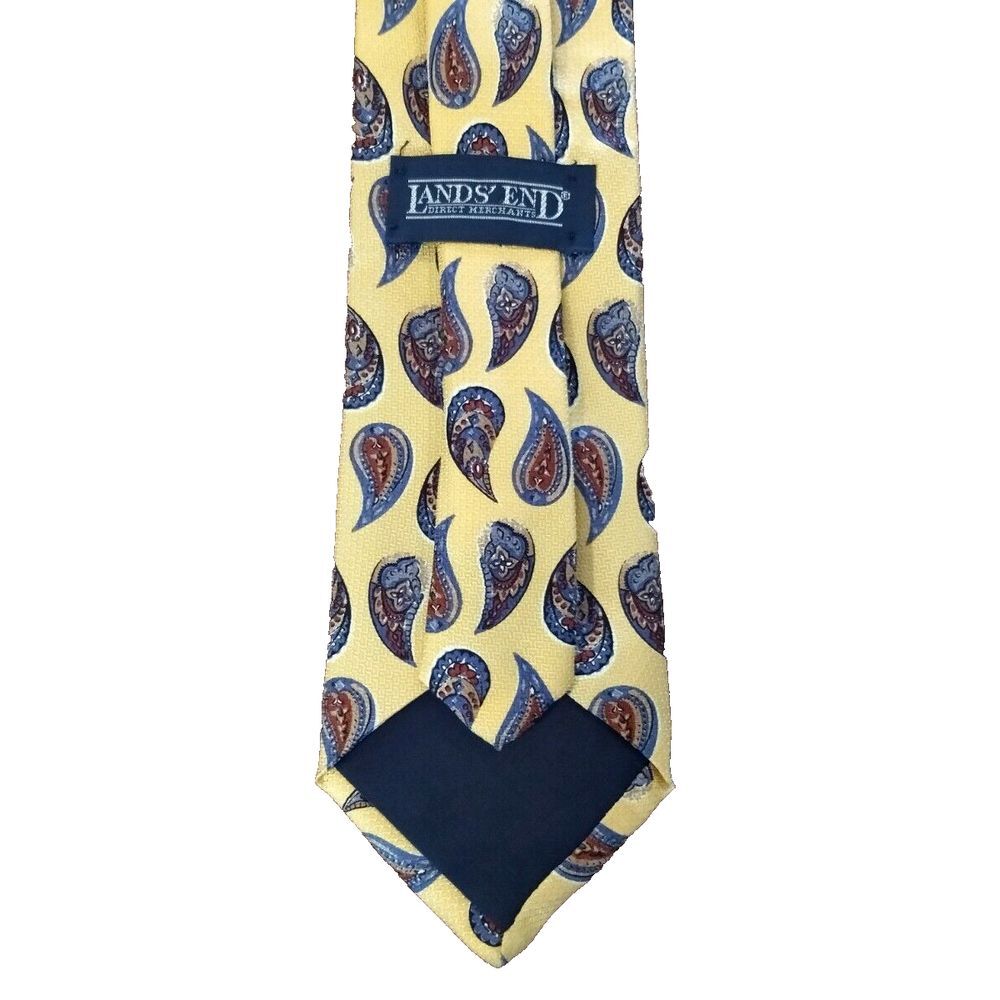 Lands' End 100% Silk Neck Tie Yellow Paisley Men's Handsewn 3.75"W x 57"L USA